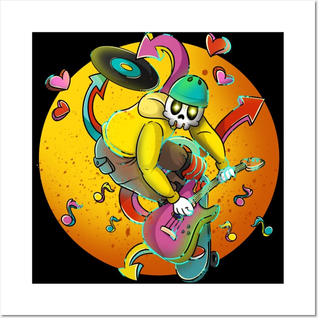 Guitar Player Skateboarding Skelton Skull Skater Wall Art by Trendy Black Sheep